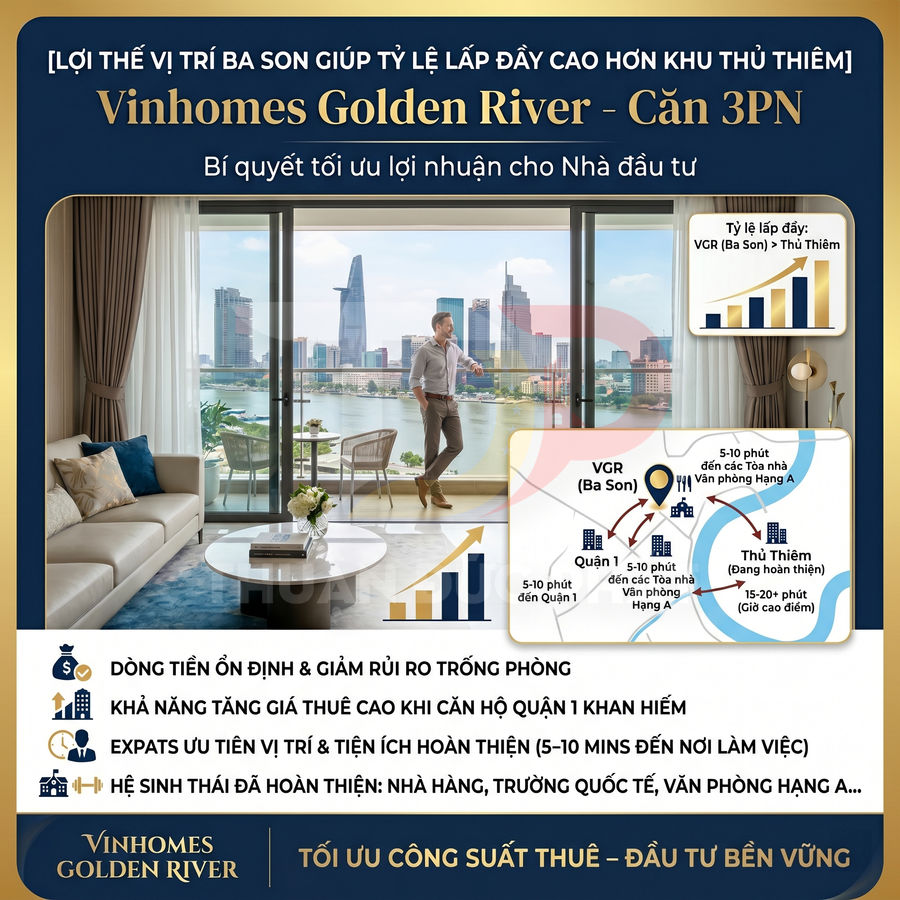 Căn hộ Vinhomes Golden River 3 phòng ngủ view sông Sài Gòn và trung tâm thành phố, phù hợp khách thuê cao cấp