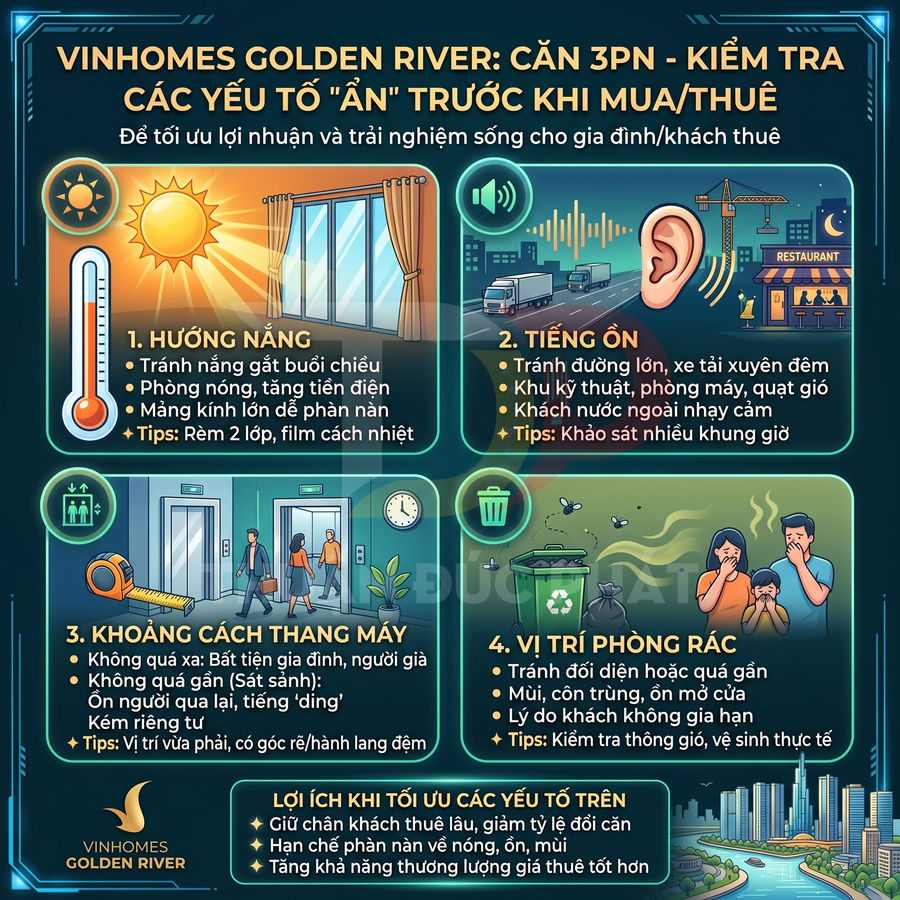 Infographic Vinhomes Golden River hướng dẫn kiểm tra hướng nắng, tiếng ồn, thang máy, vị trí phòng rác trước khi mua thuê căn hộ