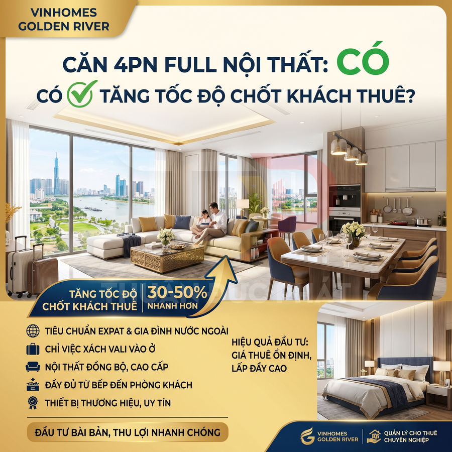 Căn hộ Vinhomes Golden River 4 phòng ngủ full nội thất cao cấp, phòng khách bếp và phòng ngủ sang trọng, view sông và thành phố