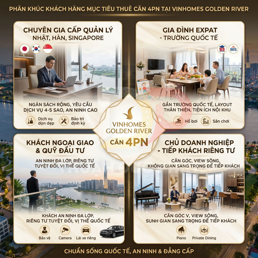 Infographic giới thiệu phân khúc khách thuê căn hộ 4PN cao cấp Vinhomes Golden River với tiện ích sang trọng, an ninh quốc tế