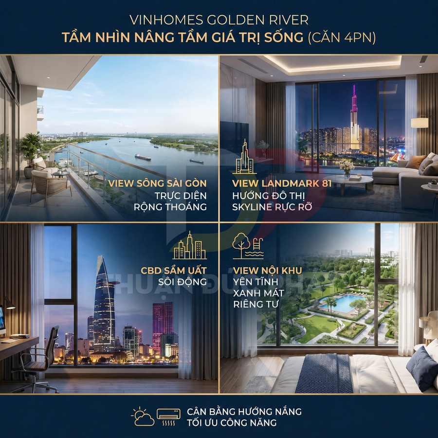 Căn hộ Vinhomes Golden River 4 phòng ngủ với ban công và cửa kính lớn nhìn sông Sài Gòn, Landmark 81 và công viên nội khu