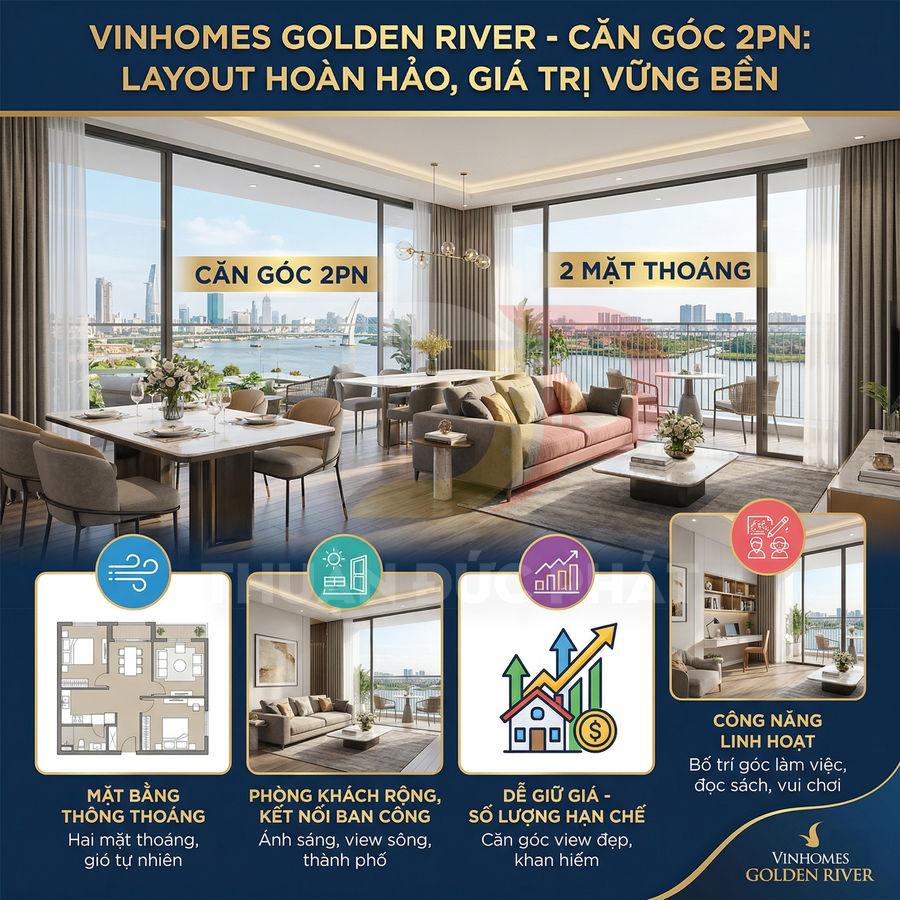 Căn hộ Vinhomes Golden River 2 phòng ngủ view sông, phòng khách rộng, hai mặt thoáng nhiều ánh sáng