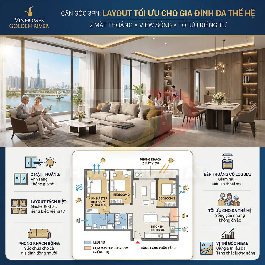 Căn hộ 3 phòng ngủ Vinhomes Golden River view sông, phòng khách rộng và sơ đồ layout tối ưu cho gia đình đa thế hệ