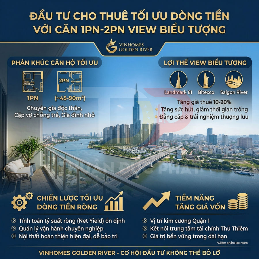 Căn hộ Vinhomes Golden River 1-2 phòng ngủ view sông Sài Gòn và Landmark 81 dành cho nhà đầu tư cho thuê