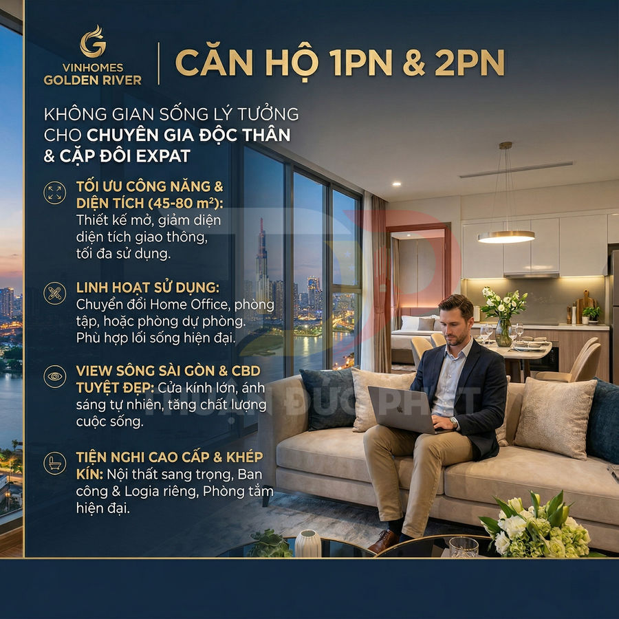 Căn hộ Vinhomes Golden River 1PN 2PN nội thất sang trọng, chuyên gia nước ngoài làm việc trên laptop trong phòng khách hiện đại