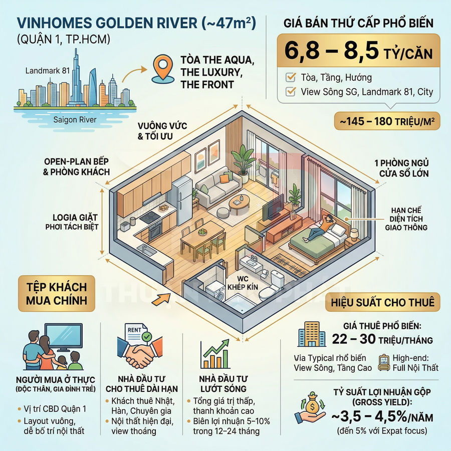 Căn hộ Vinhomes Golden River 47m2 một phòng ngủ, thiết kế bếp mở, logia giặt riêng và nội thất hiện đại