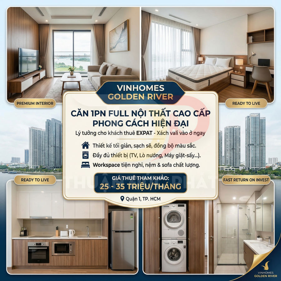 Căn hộ 1 phòng ngủ Vinhomes Golden River nội thất cao cấp, đầy đủ bếp, máy giặt, phòng khách và phòng ngủ hiện đại