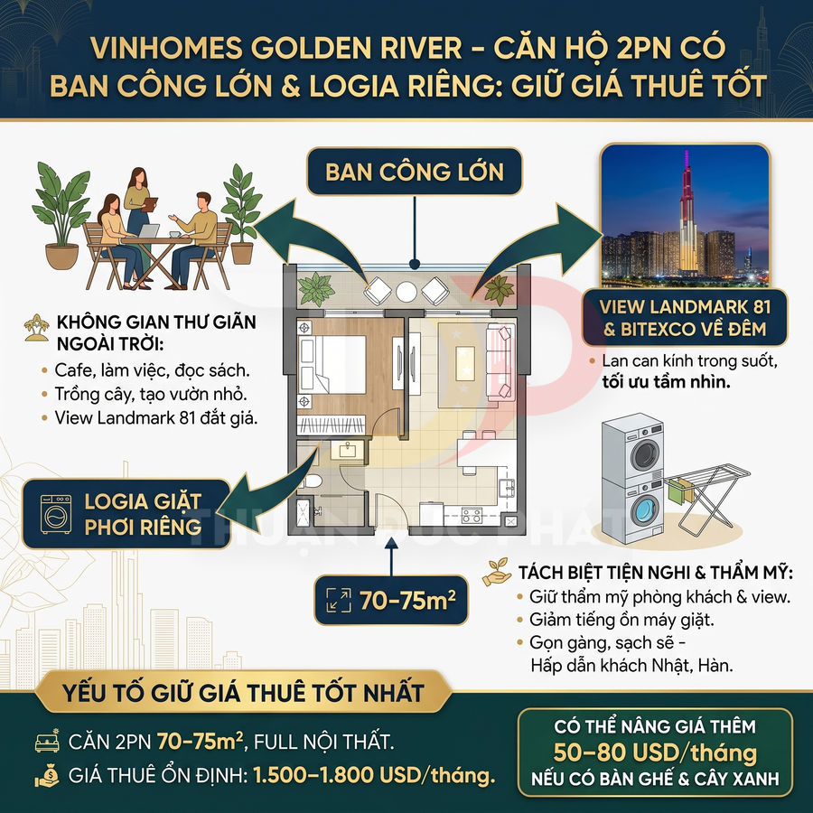 Căn hộ 2 phòng ngủ Vinhomes Golden River có ban công lớn, logia giặt riêng, view Landmark 81 về đêm