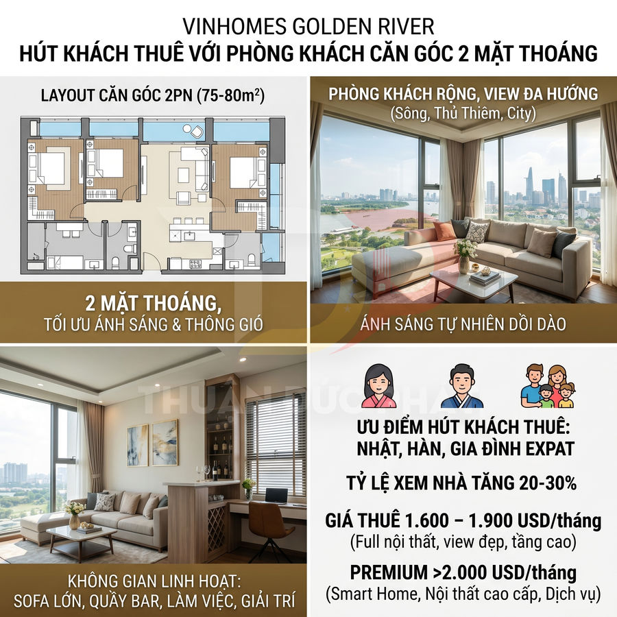 Căn hộ Vinhomes Golden River 2 phòng ngủ, phòng khách góc 2 mặt thoáng, nội thất cao cấp, view sông và thành phố