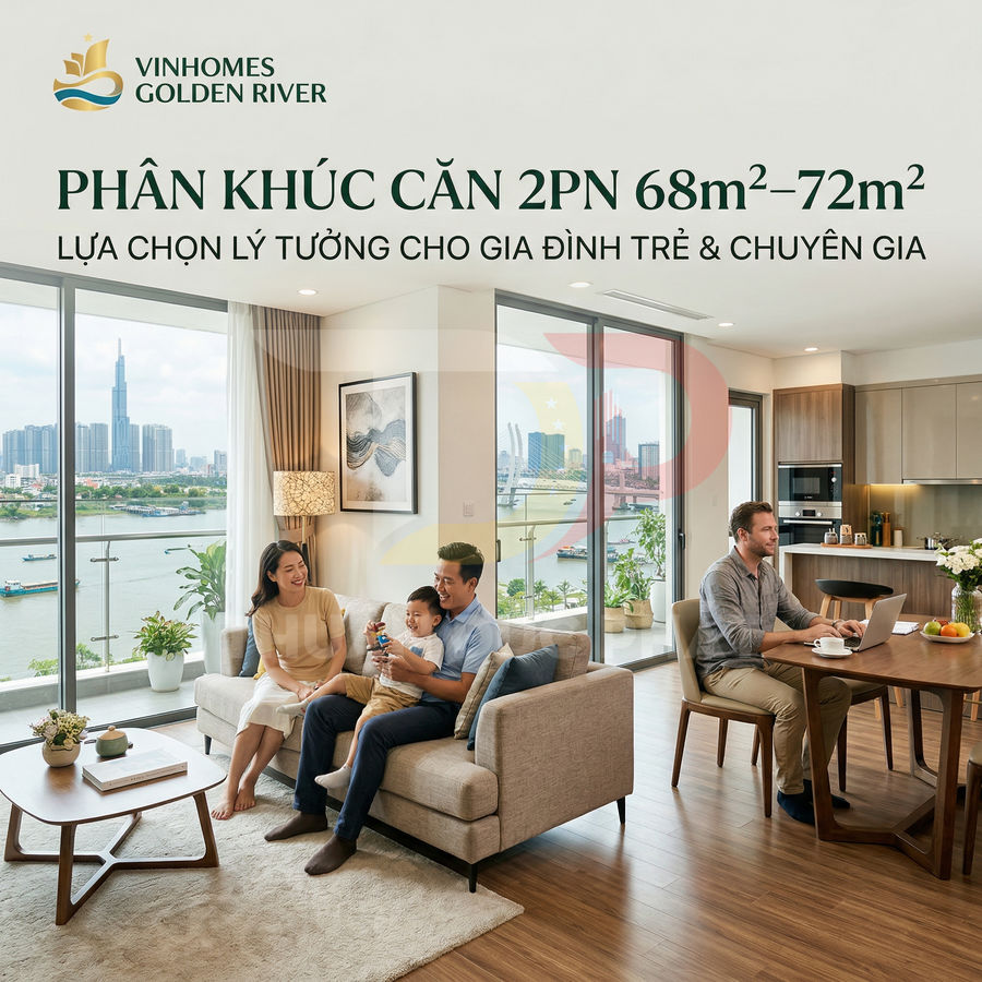 Căn hộ Vinhomes Golden River 2 phòng ngủ view sông, phòng khách bếp hiện đại cho gia đình trẻ và chuyên gia