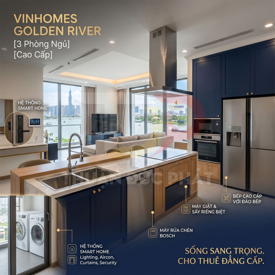 Căn hộ Vinhomes Golden River 3 phòng ngủ cao cấp với bếp hiện đại, nội thất sang trọng và view sông rộng