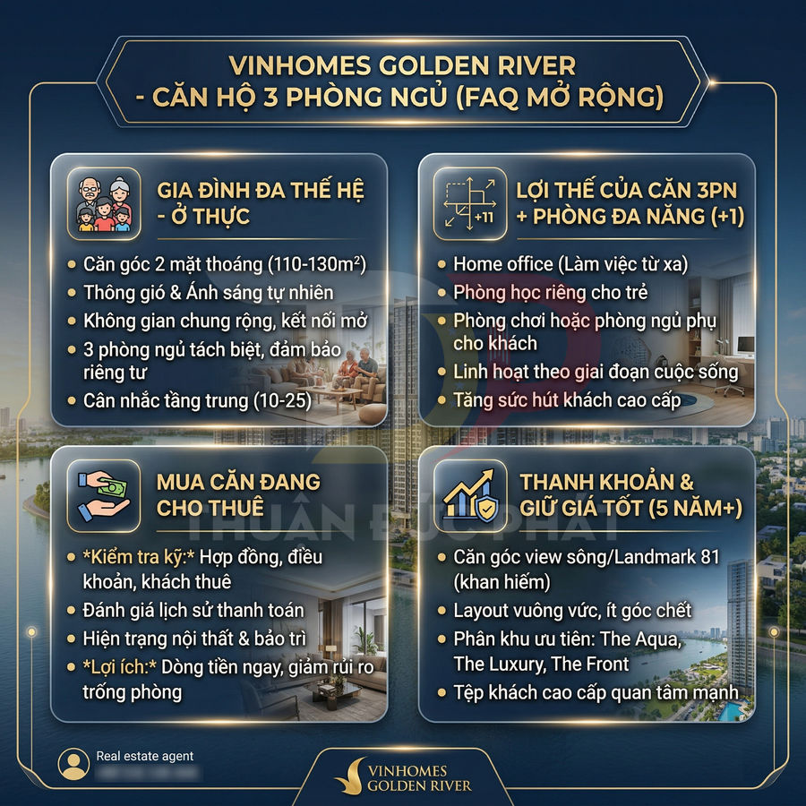 Infographic giới thiệu lợi ích mua căn hộ 3 phòng ngủ Vinhomes Golden River cho gia đình, cho thuê và đầu tư giữ giá