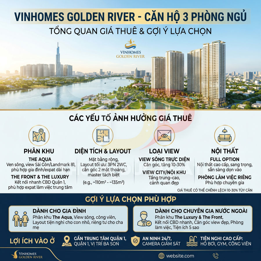 Giá thuê căn 3 phòng ngủ Vinhomes Golden River cho gia đình và chuyên gia nước ngoài