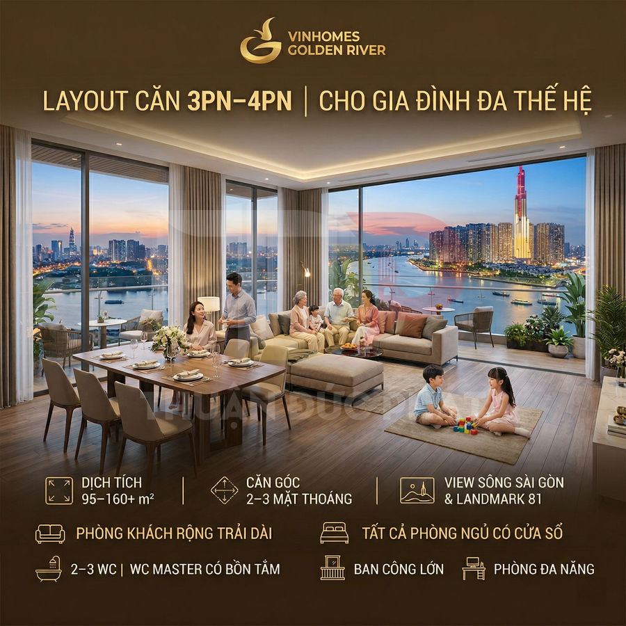 Căn hộ Vinhomes Golden River 3 đến 4 phòng ngủ view sông Sài Gòn và Landmark 81 cho gia đình đa thế hệ