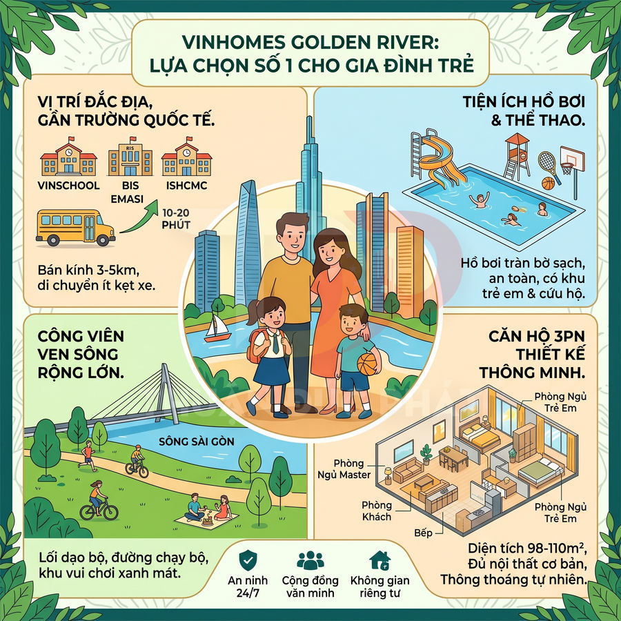 Infographic giới thiệu căn hộ 3 phòng ngủ Vinhomes Golden River với tiện ích hồ bơi, thể thao và công viên ven sông