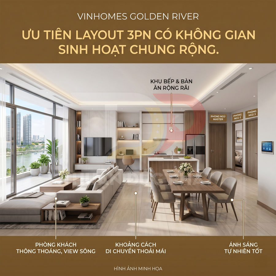 Căn hộ Vinhomes Golden River 3 phòng ngủ với phòng khách view sông và bếp ăn rộng rãi, ánh sáng tự nhiên tốt