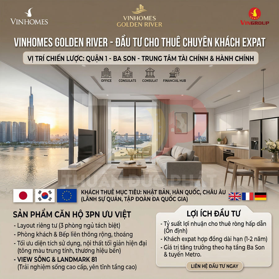 Căn hộ Vinhomes Golden River 3 phòng ngủ view sông và Landmark 81, phòng khách bếp liên thông hiện đại