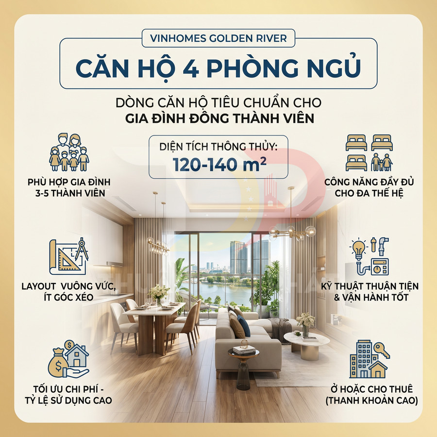 Căn hộ 4 phòng ngủ Vinhomes Golden River diện tích 120 140m2 phòng khách bếp hiện đại view sông