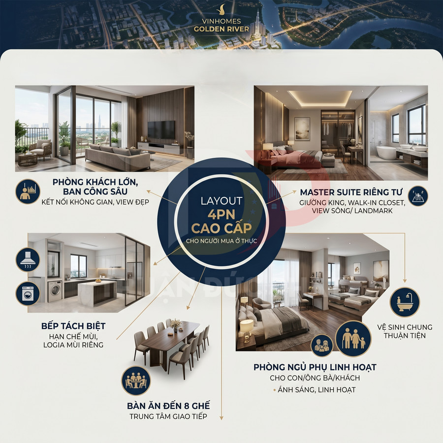 Căn hộ Vinhomes Golden River 4 phòng ngủ cao cấp với phòng khách lớn, bếp tách biệt và phòng ngủ master riêng tư