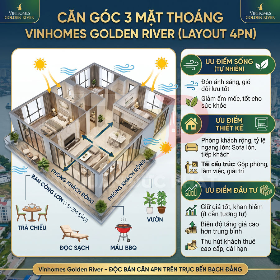 Căn hộ Vinhomes Golden River 4 phòng ngủ góc 3 mặt thoáng với phòng khách rộng và ban công view sông, nội thất cao cấp