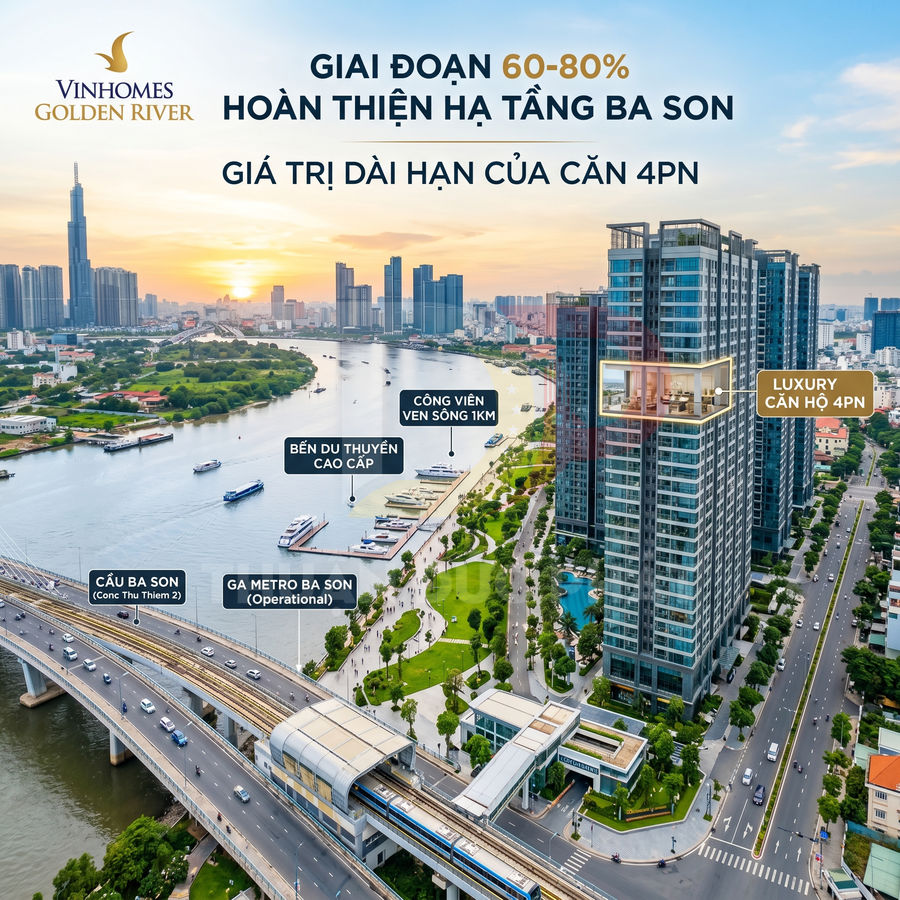 Căn hộ 4 phòng ngủ Vinhomes Golden River view sông Sài Gòn, gần bến du thuyền và ga metro Ba Son