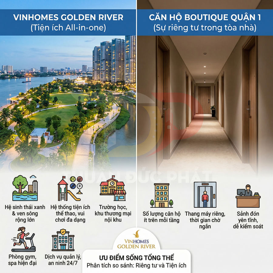 So sánh tiện ích Vinhomes Golden River và căn hộ boutique quận 1 với các ưu điểm sống tổng thể