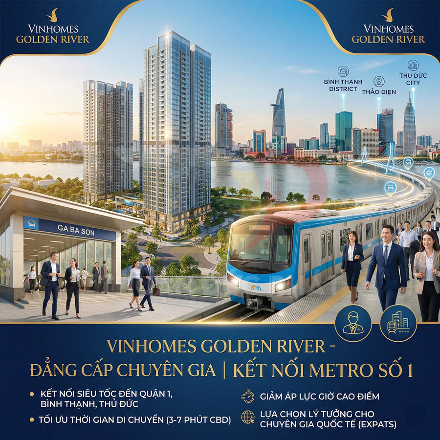 Phối cảnh dự án căn hộ Vinhomes Golden River bên sông Sài Gòn cạnh ga metro Ba Son và tuyến metro số 1