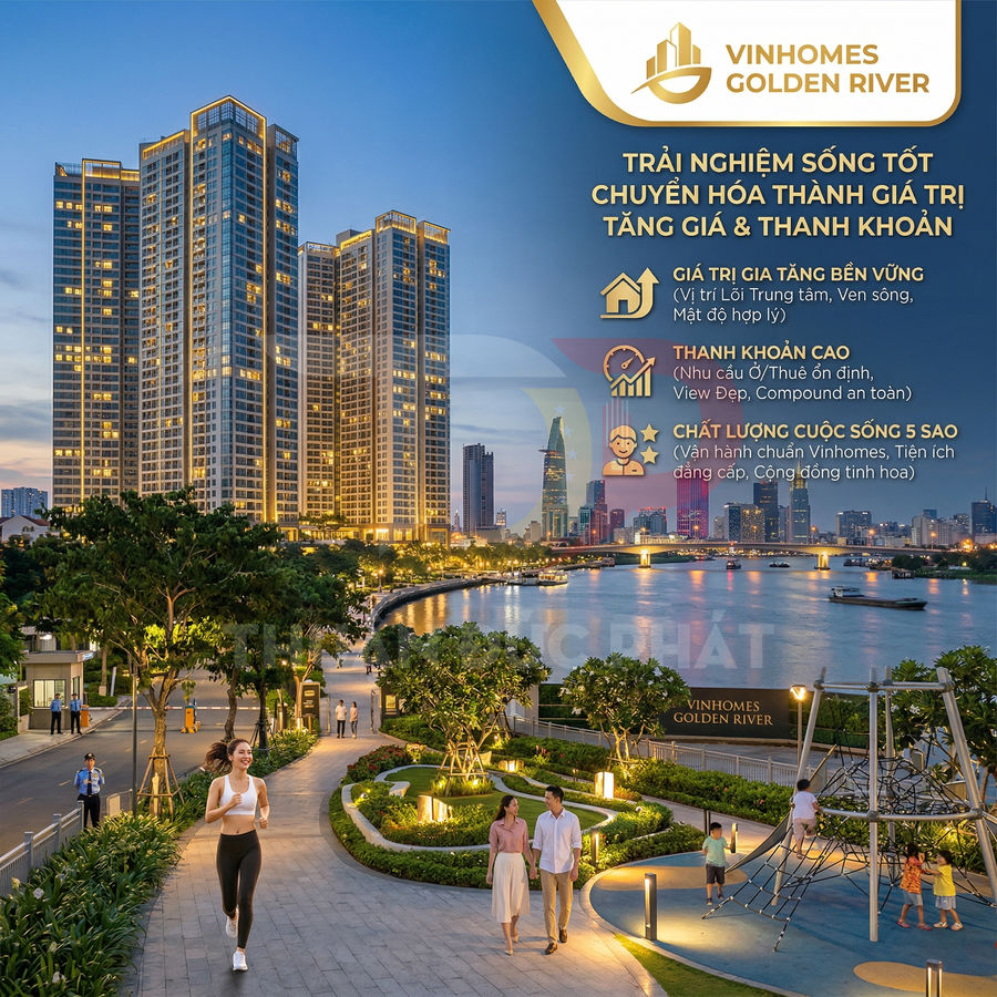 Khu căn hộ cao cấp Vinhomes Golden River bên sông với công viên, lối dạo bộ và cư dân tập thể dục buổi tối