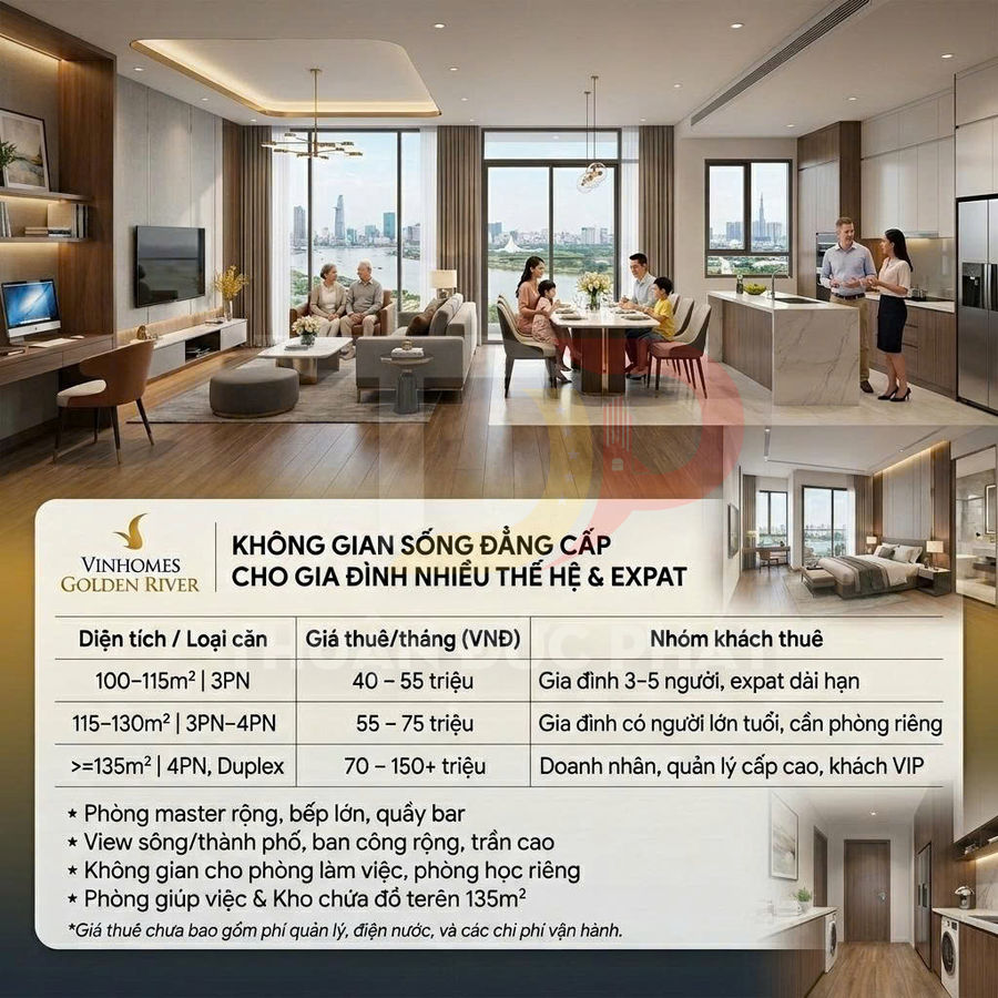 Căn hộ cao cấp Vinhomes Golden River với phòng khách bếp hiện đại, view sông và bảng giá thuê chi tiết