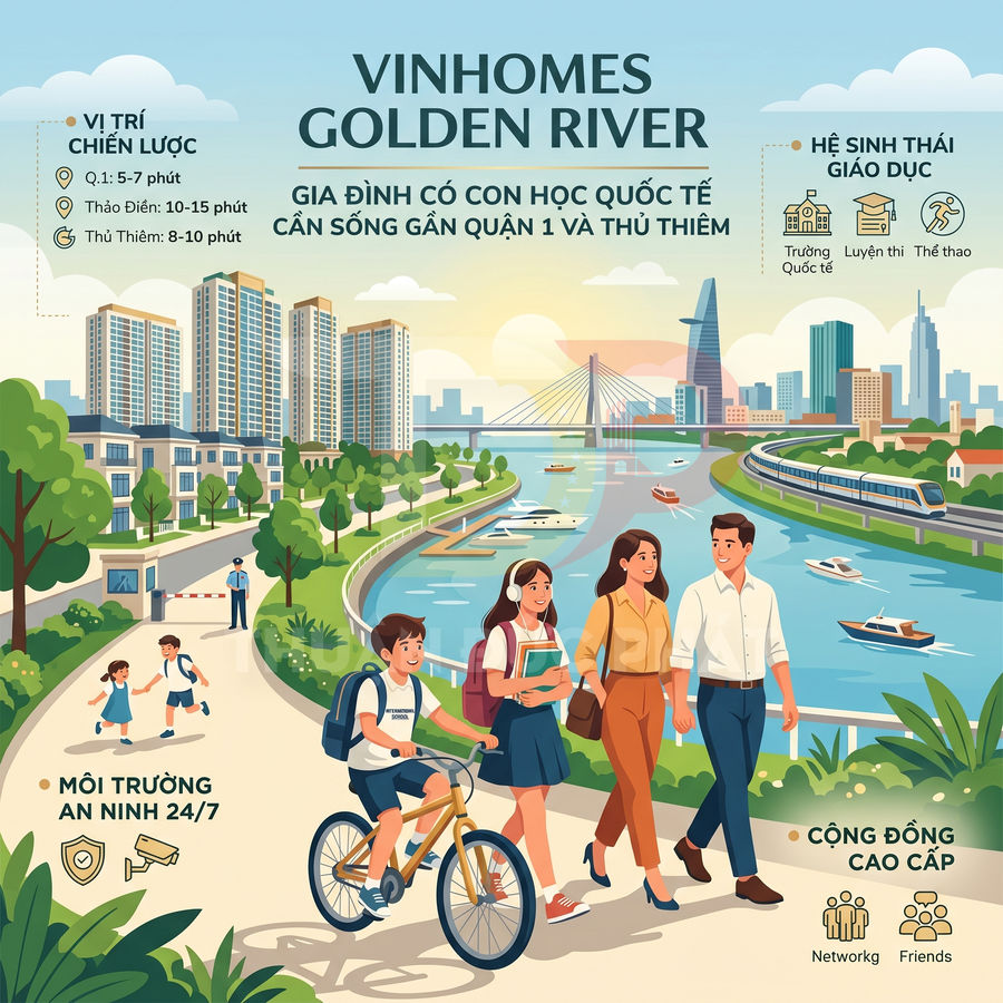 Gia đình dạo bộ và đi xe đạp trong khu đô thị Vinhomes Golden River ven sông, gần trường học và cao ốc hiện đại