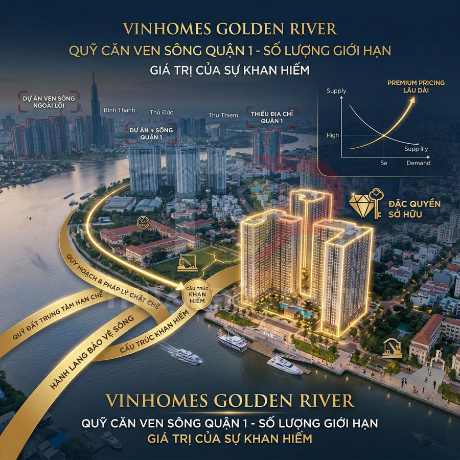 Dự án căn hộ cao cấp Vinhomes Golden River ven sông quận 1 với các tòa nhà và bến du thuyền