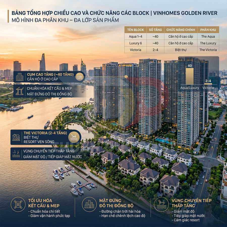Phối cảnh dự án căn hộ cao cấp Vinhomes Golden River bên sông Sài Gòn với tháp Aqua, Luxury và khu biệt thự Victoria