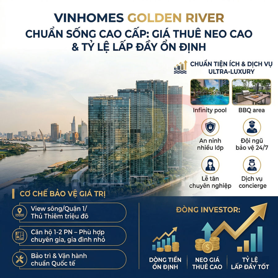 Căn hộ cao cấp Vinhomes Golden River ven sông Sài Gòn với tiện ích hồ bơi vô cực, BBQ, an ninh và dịch vụ cao cấp