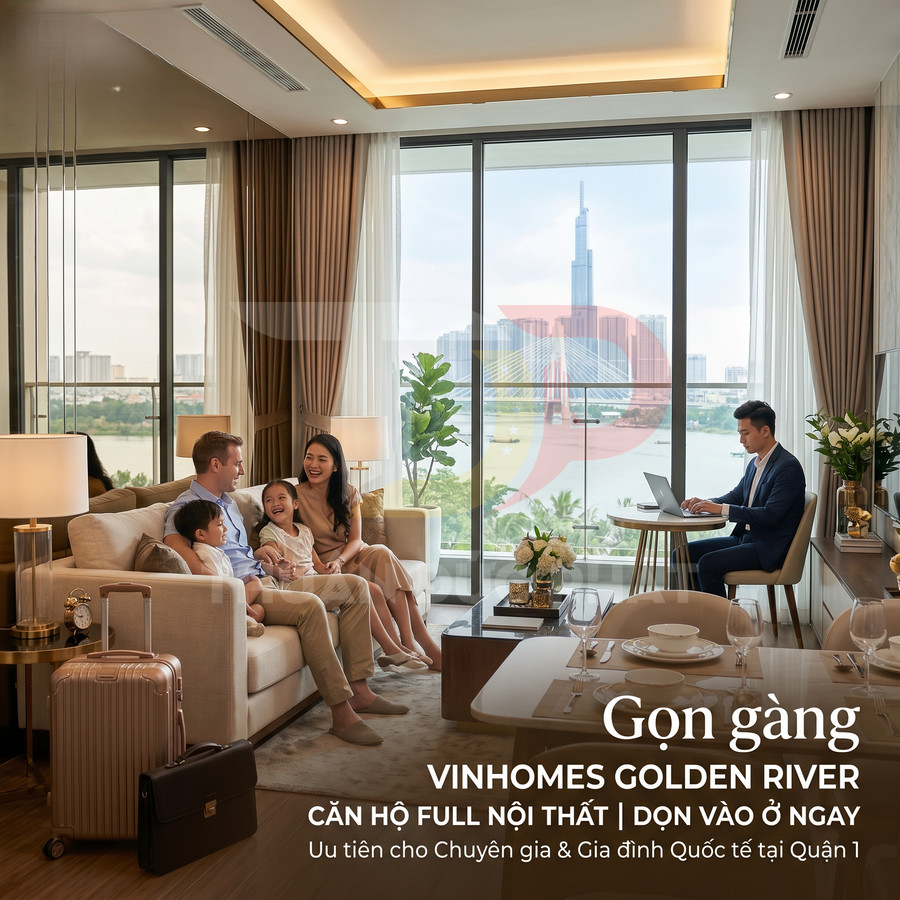 Căn hộ Vinhomes Golden River full nội thất sang trọng, gia đình thư giãn trong phòng khách view sông và Landmark 81