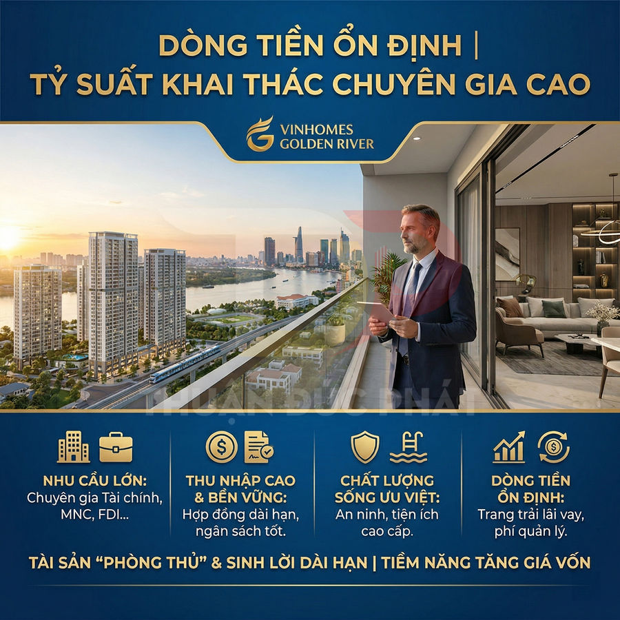 Quảng cáo dự án căn hộ cao cấp Vinhomes Golden River với chuyên gia nước ngoài đứng trên ban công nhìn toàn cảnh thành phố