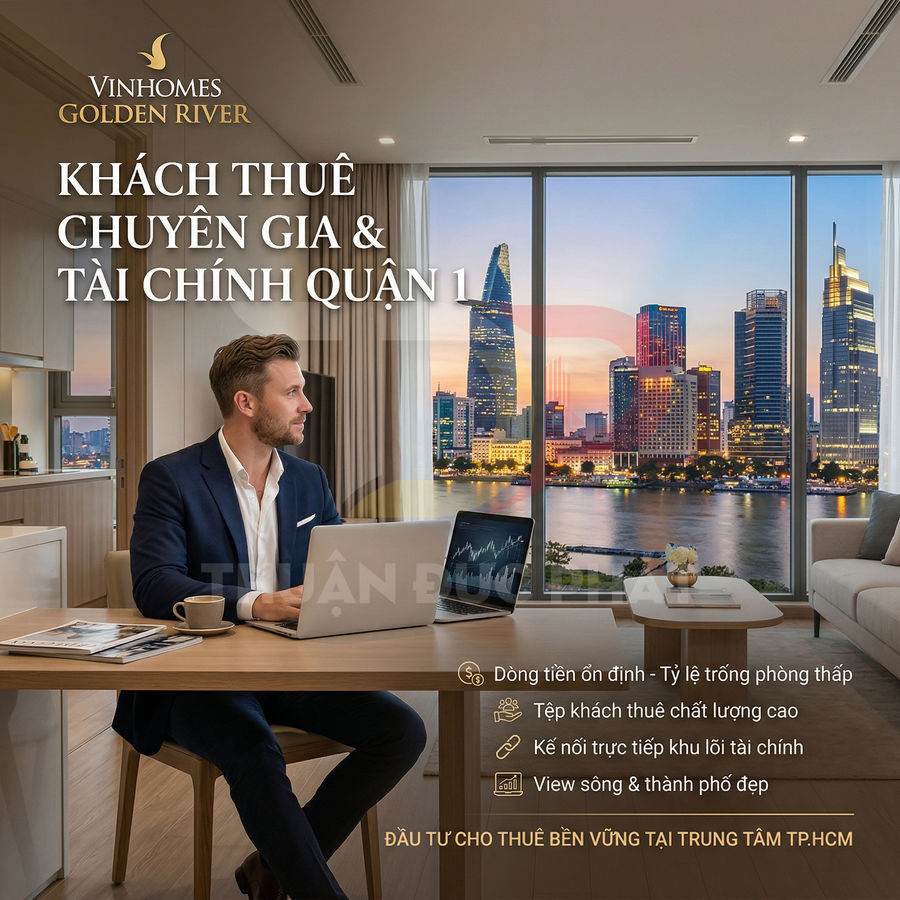 Căn hộ Vinhomes Golden River cao cấp view sông Sài Gòn và Bitexco, chuyên gia nước ngoài làm việc với laptop