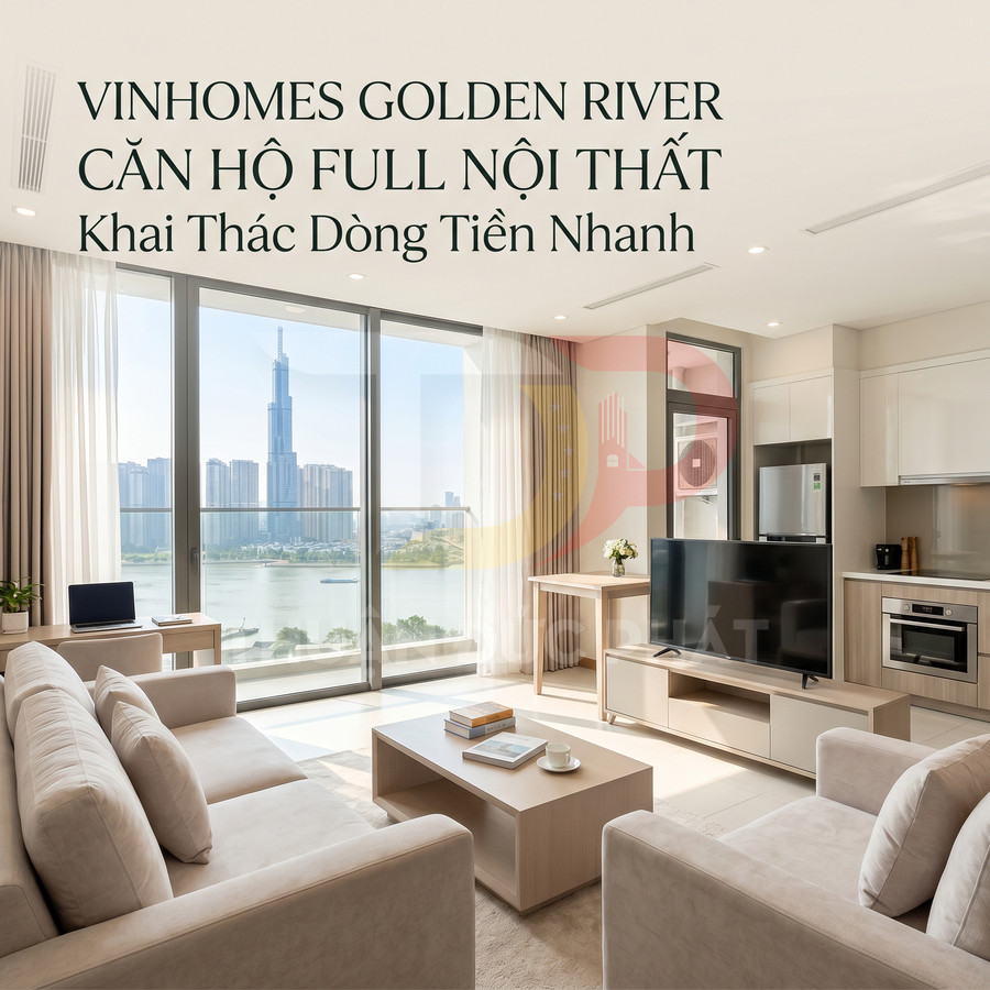 Căn hộ Vinhomes Golden River full nội thất cao cấp, phòng khách sáng rộng view sông và Landmark 81