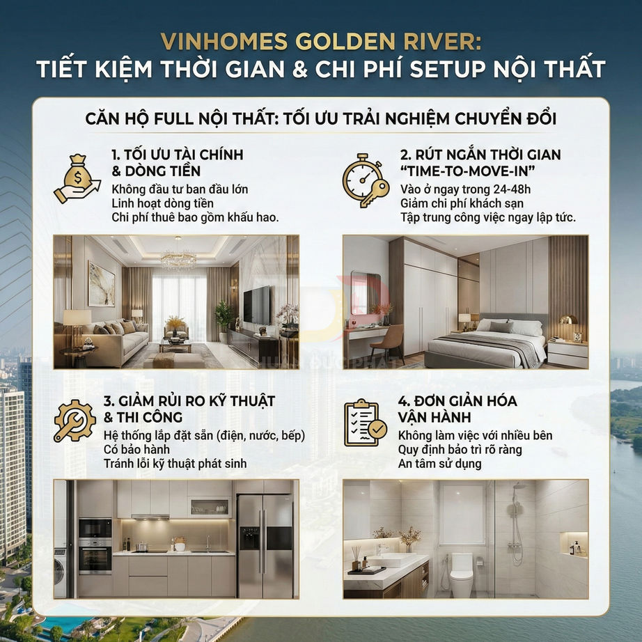 Căn hộ Vinhomes Golden River full nội thất hiện đại với phòng khách, bếp, phòng ngủ và phòng tắm sang trọng