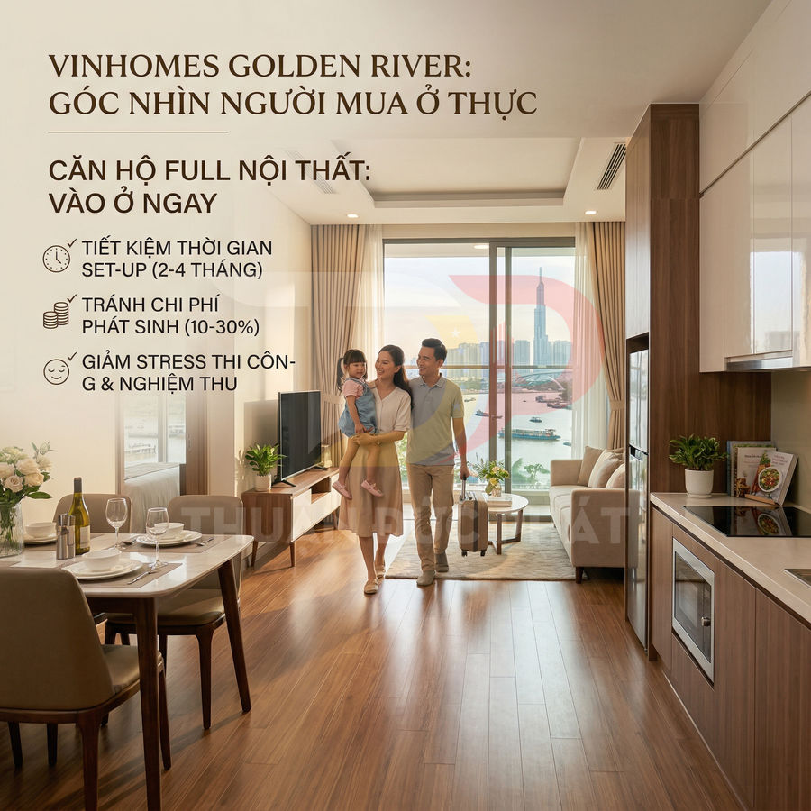Căn hộ Vinhomes Golden River full nội thất hiện đại, phòng khách bếp liền kề, view sông và tòa nhà Landmark 81