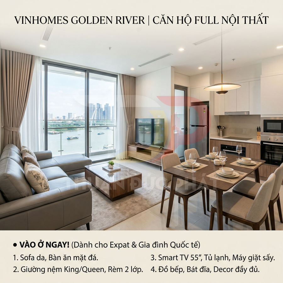 Căn hộ Vinhomes Golden River full nội thất cao cấp, phòng khách bếp view sông và thành phố