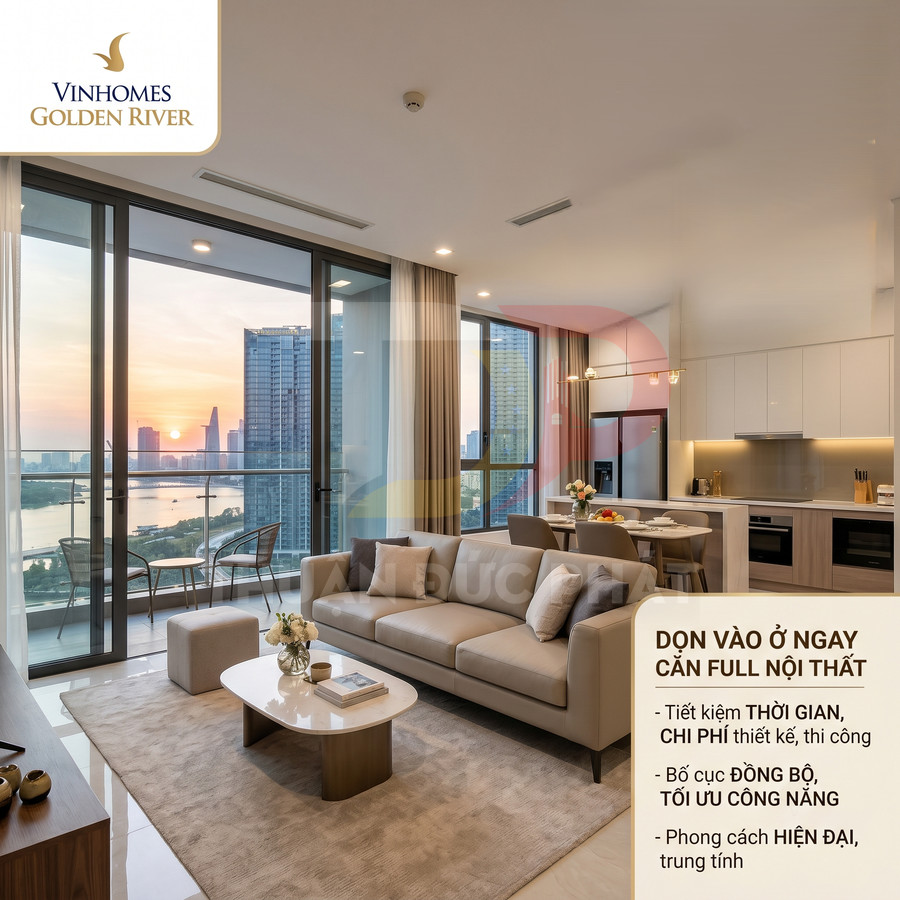 Căn hộ Vinhomes Golden River full nội thất hiện đại với phòng khách liền bếp và ban công view sông, thành phố lúc hoàng hôn