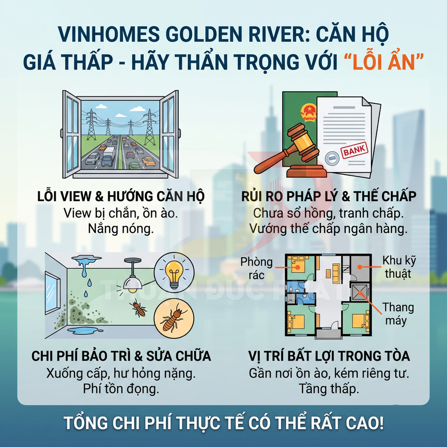 Infographic cảnh báo rủi ro khi mua căn hộ giá rẻ Vinhomes Golden River với các lỗi ẩn và chi phí phát sinh