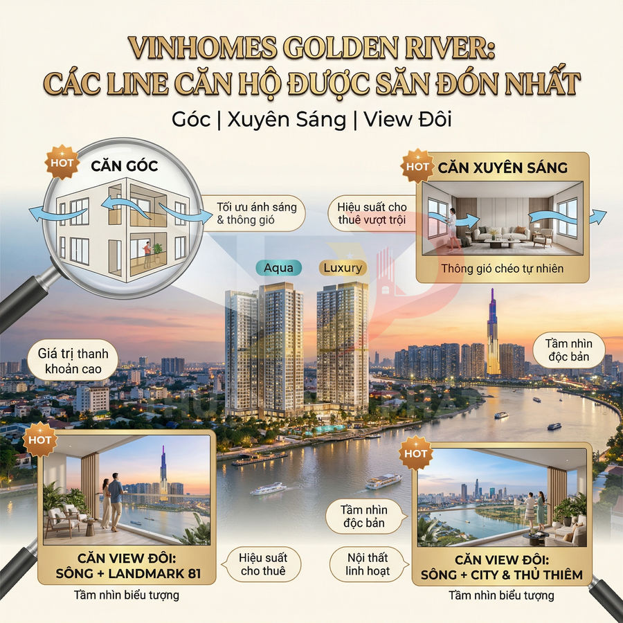 Infographic giới thiệu các loại căn hộ góc, xuyên sáng, view đôi tại dự án Vinhomes Golden River bên sông Sài Gòn