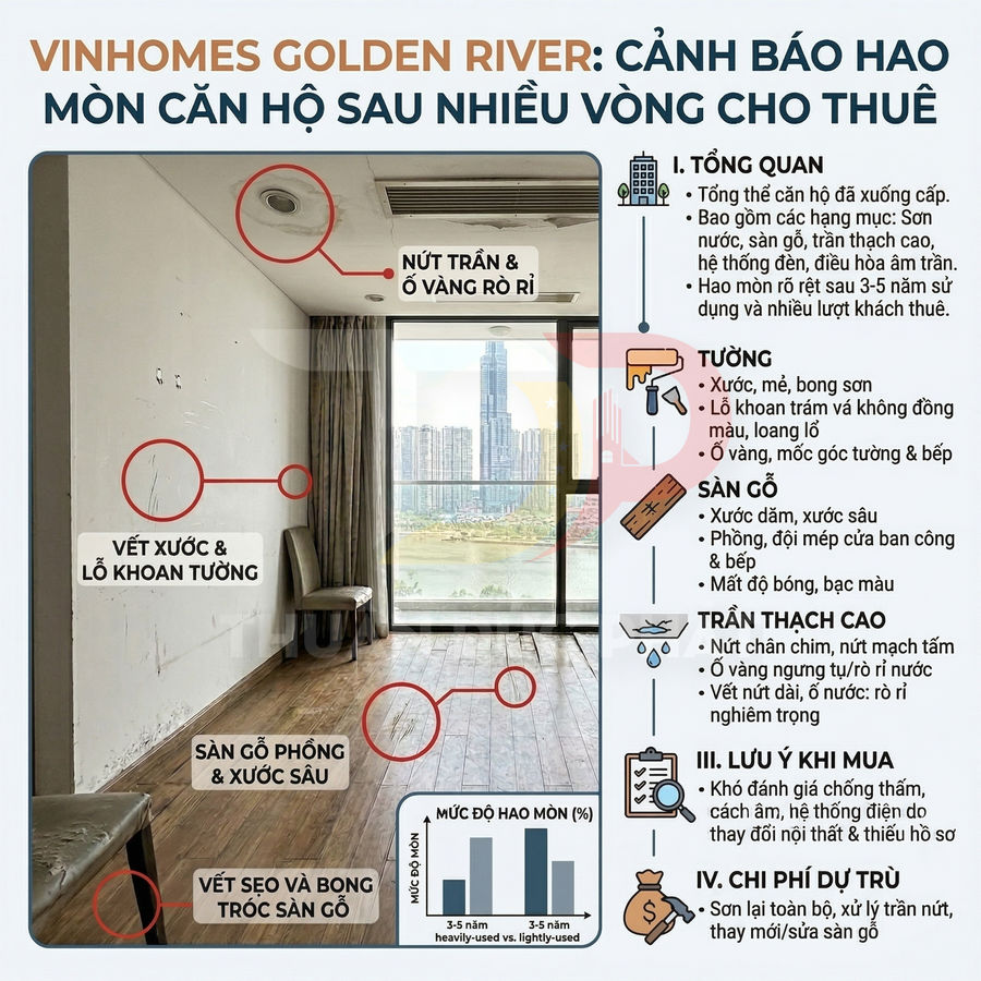 Căn hộ Vinhomes Golden River xuống cấp với tường xước, trần ố vàng, sàn gỗ phồng rộp bong tróc sau nhiều lần cho thuê