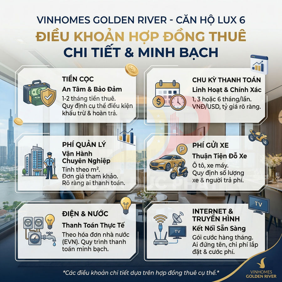Infographic điều khoản hợp đồng thuê căn hộ Vinhomes Golden River Lux 6 chi tiết về phí và dịch vụ