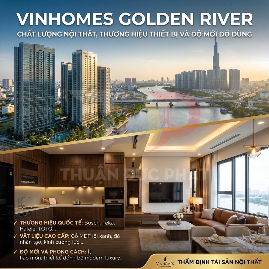 Căn hộ Vinhomes Golden River nội thất gỗ cao cấp, phòng khách bếp hiện đại view sông và thành phố