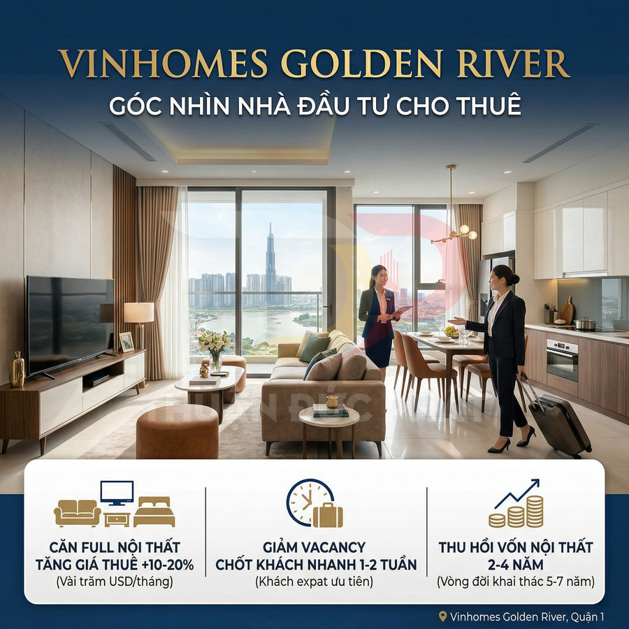 Căn hộ Vinhomes Golden River full nội thất cao cấp, phòng khách bếp liền kề view sông và Landmark 81