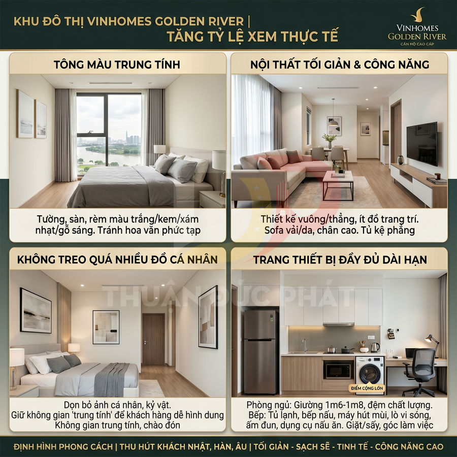 Căn hộ mẫu Vinhomes Golden River nội thất tối giản, tông màu trung tính, đầy đủ bếp, tủ lạnh, máy giặt, phòng ngủ sáng
