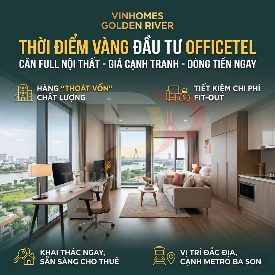 Căn hộ officetel Vinhomes Golden River full nội thất, view sông, không gian làm việc và phòng khách hiện đại