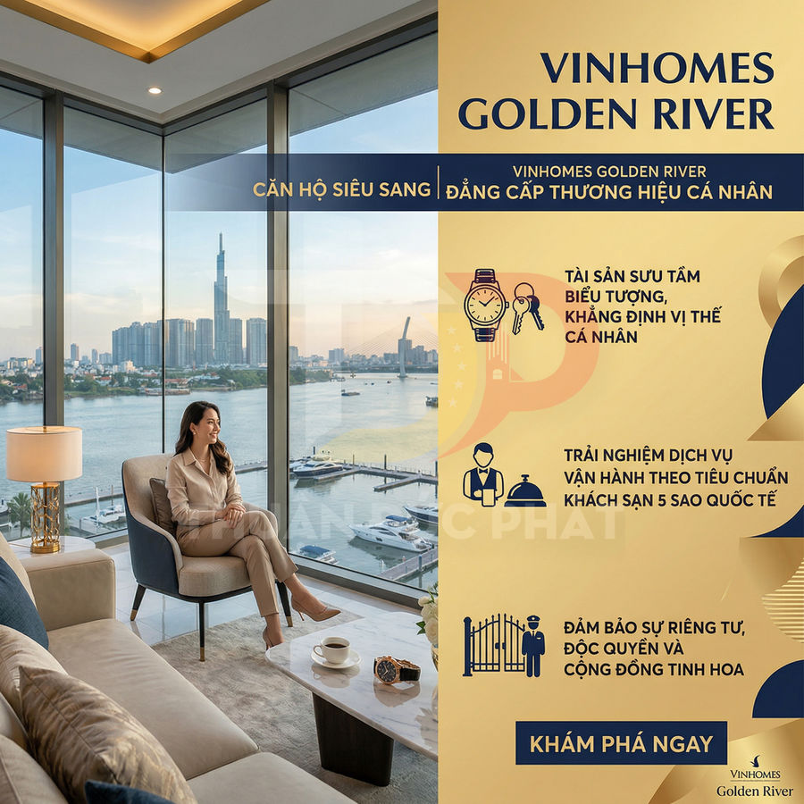 Căn hộ Vinhomes Golden River cao cấp view sông Sài Gòn với phòng khách sang trọng và cửa kính toàn cảnh